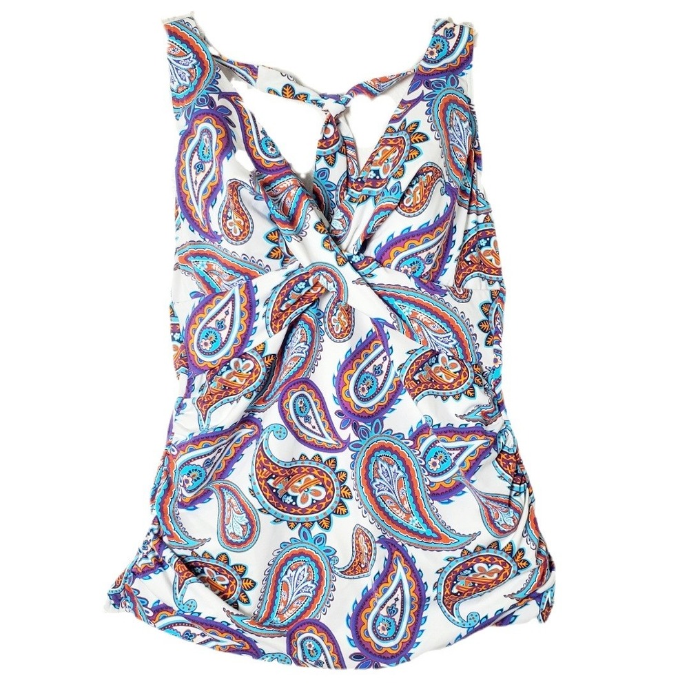 Lands End Womens 12L Paisley Twist Front Tankini Swim Top Blue Orange Racerback
